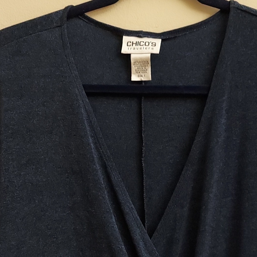 CHICO'S Travelers Non-Wrinkle Navy Pullover Faux Wrap Front Midi Dress M Comfort - Picture 3 of 9